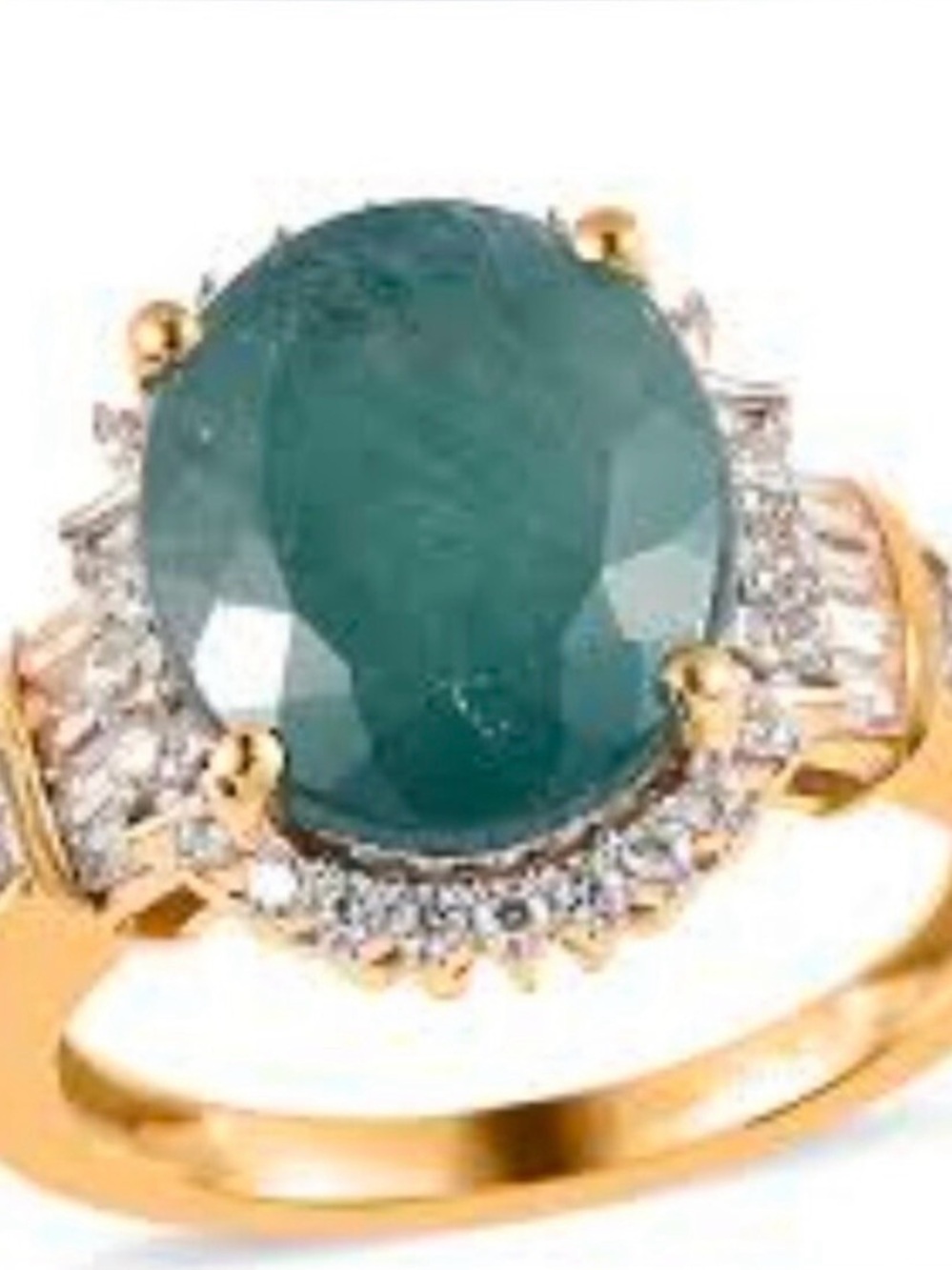 Gold Ring with Deep Teal Oval Stone and Diamond Accent Halo